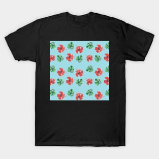 Red Hibiscus and Monstera Pattern with a blue background T-Shirt